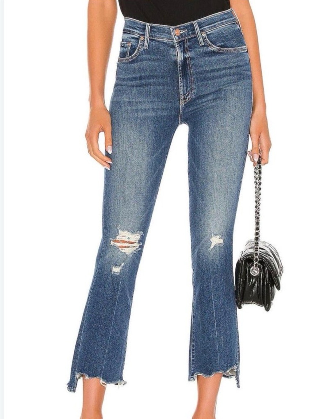 MOTHER Blue Distressed High-Rise Cropped Flare Jeans